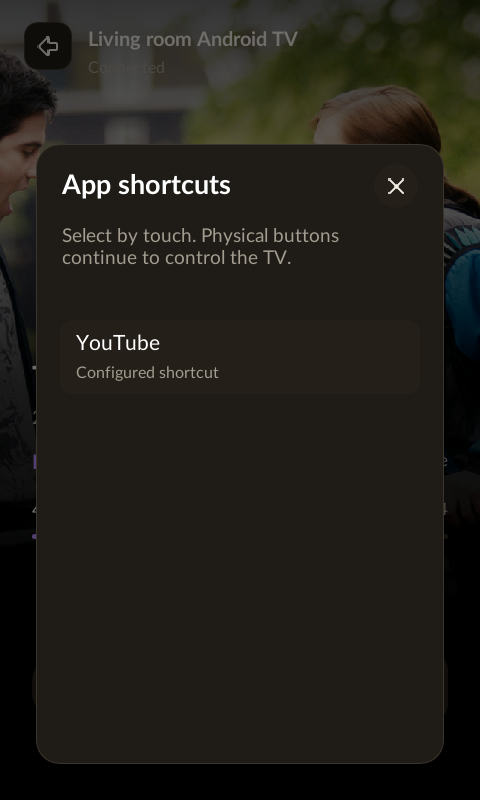 Android TV Apps tray listing a configured YouTube shortcut.