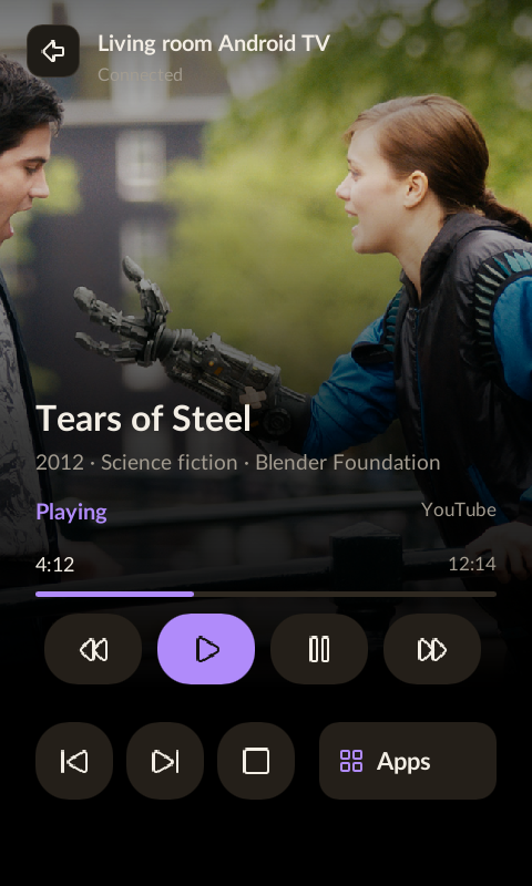 Android TV control screen with playback buttons and an Apps shortcut tile.