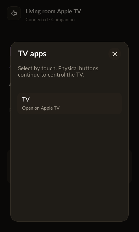 Apple TV Apps tray with an example installed TV app.
