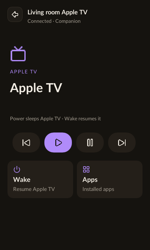 Apple TV control screen with playback controls, Wake and Apps