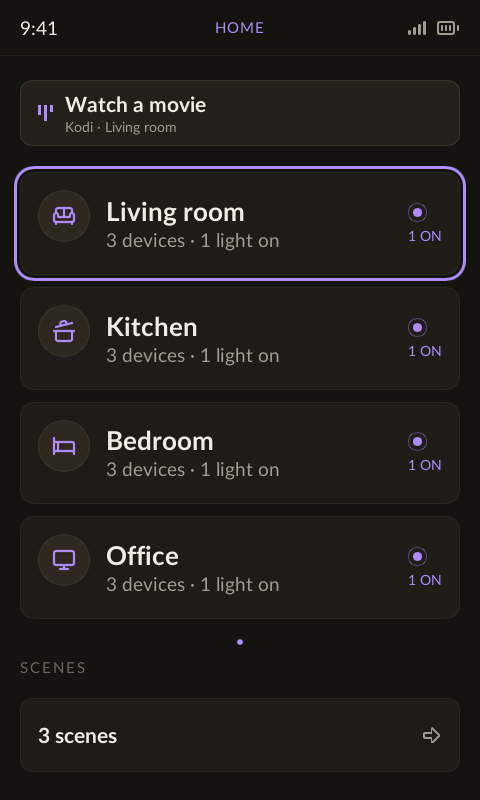 Couch home screen with rooms, activities and scenes