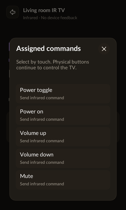 Assigned infrared commands tray showing example power, volume and mute functions.