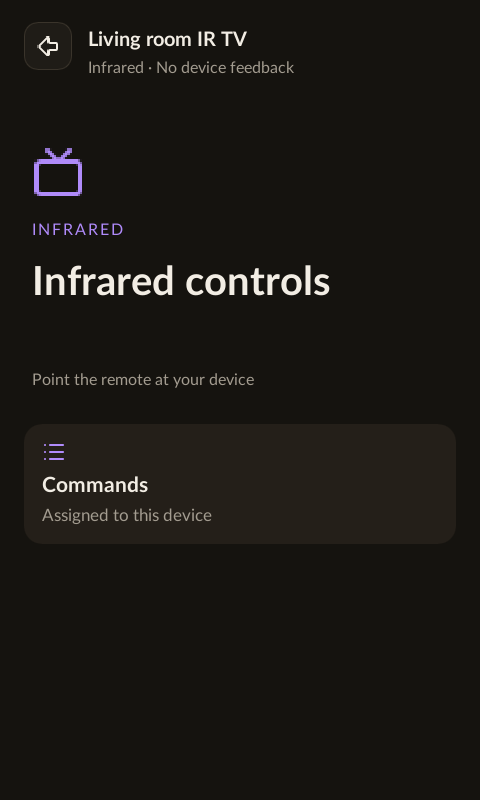 Infrared control screen with a Commands tile and a no-device-feedback status.
