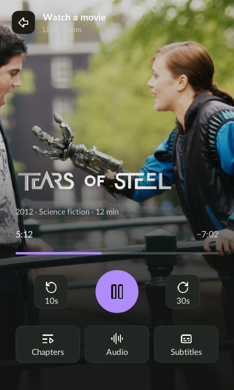 Kodi playback screen with artwork, progress and media controls