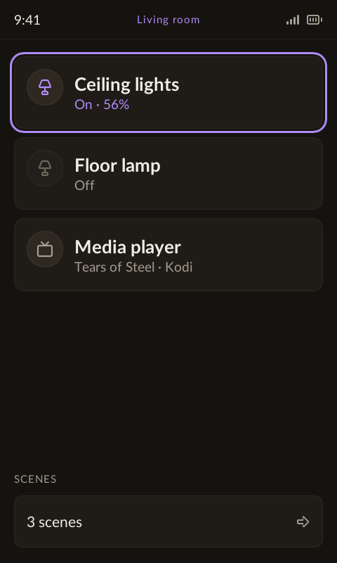 Living room device list with Ceiling lights selected, Floor lamp, Kodi and the room scenes button.