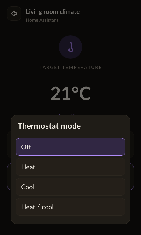 Thermostat mode tray with Off, Heat, Cool and Heat / cool options.