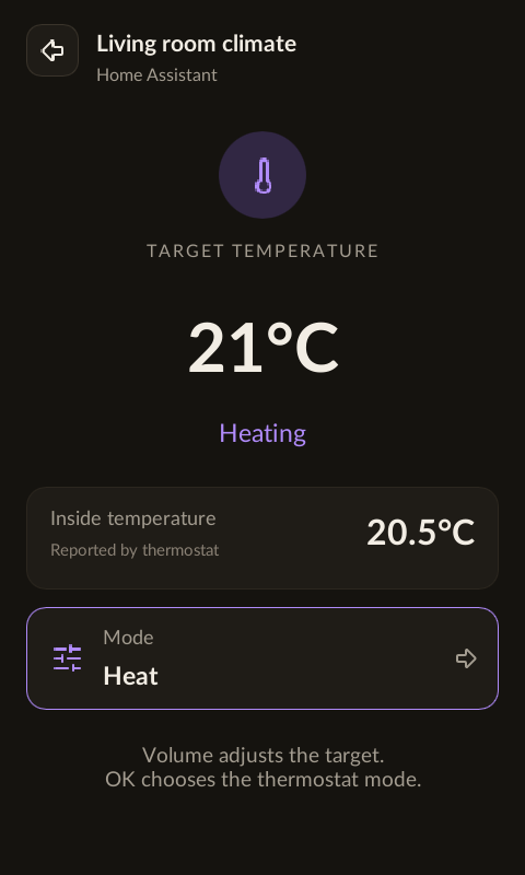 Home Assistant thermostat with target temperature, current temperature and mode