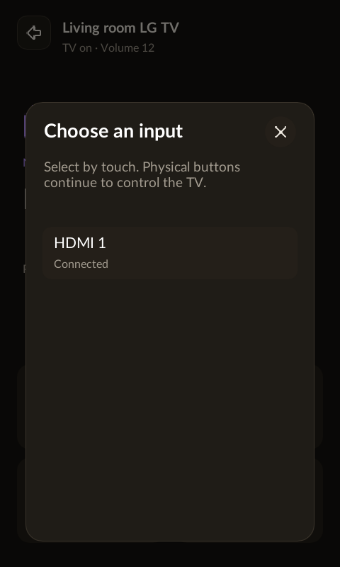 LG webOS input selection tray showing HDMI 1.