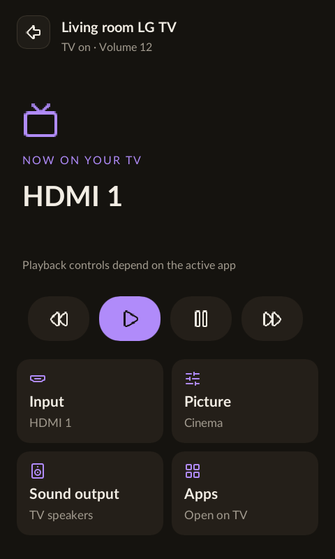 LG webOS control screen with current source, playback controls, input, picture, sound and apps tiles.